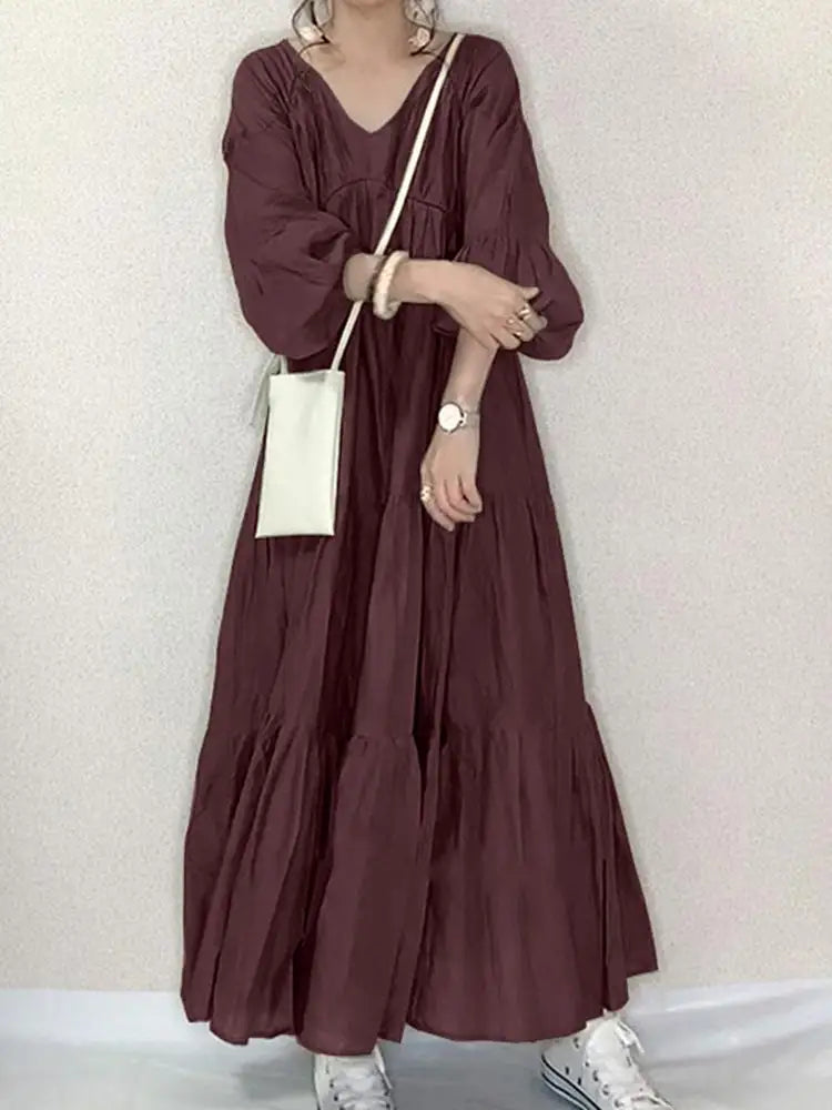 ZANZEA Women Autumn Long Dress - V-Neck Puff Sleeve Maxi Dress