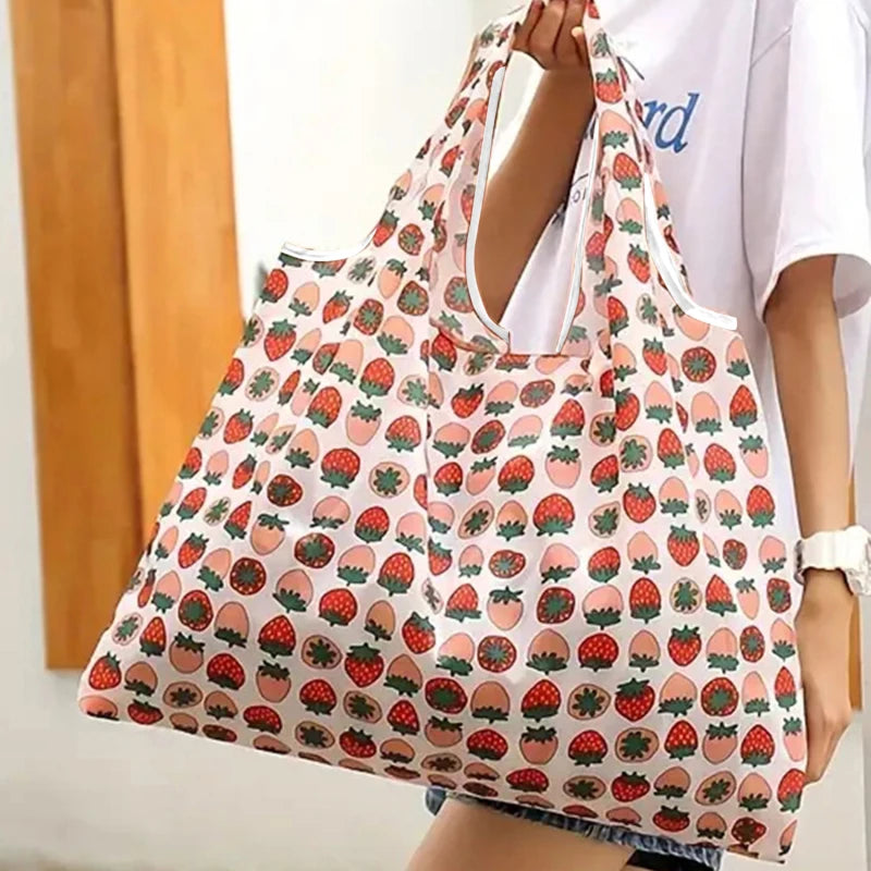 Reusable Folding Shopping Bag - Supermarket Tote with Strawberry Print