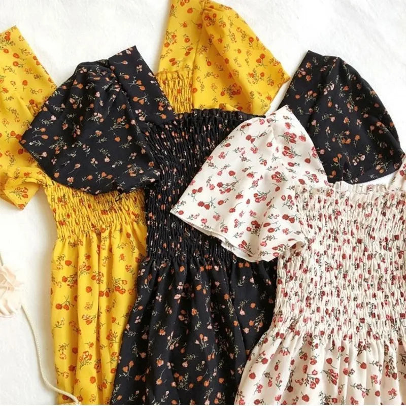 Chiffon Dress - Floral Pleated Midi Dress with Elastic Waist