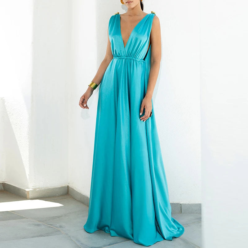 Elegant V-Neck Backless Maxi Dress - Boho Holiday Pleated Long Dress