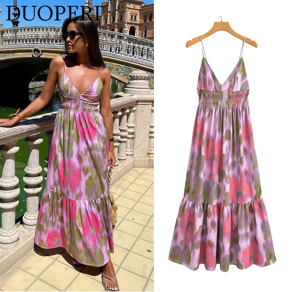 DUOPERI Printed V-Neck Backless Midi Dress - Casual Long Dress