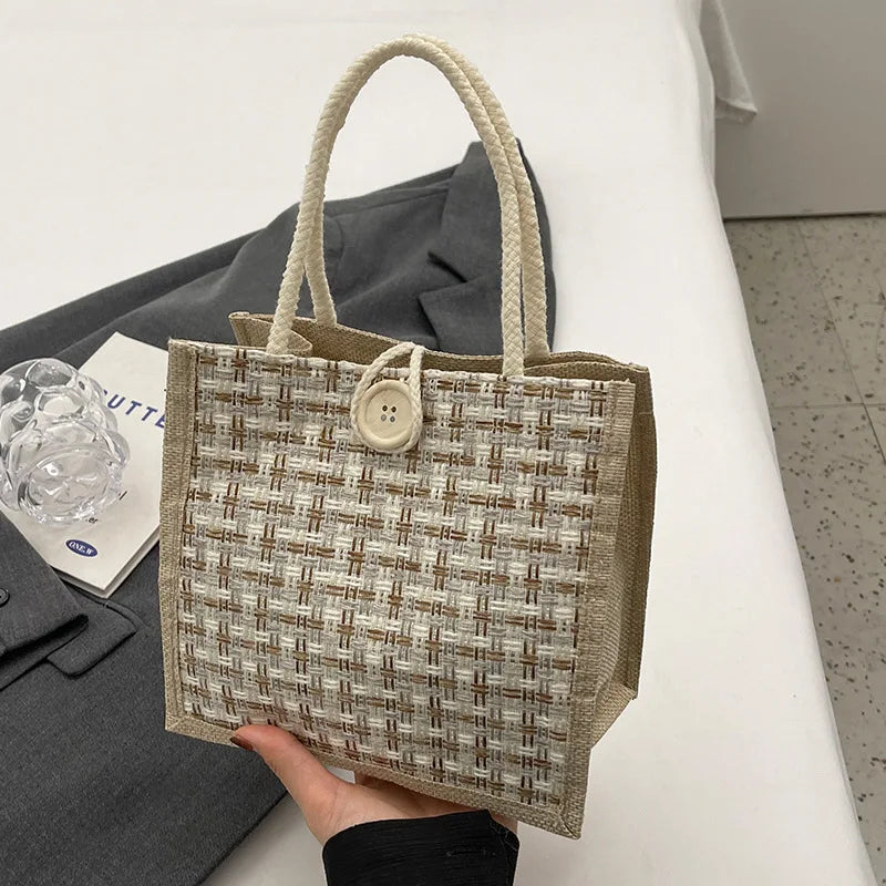 Jute Tote Bag - Woven Linen Handbag for Grocery & Lunch
