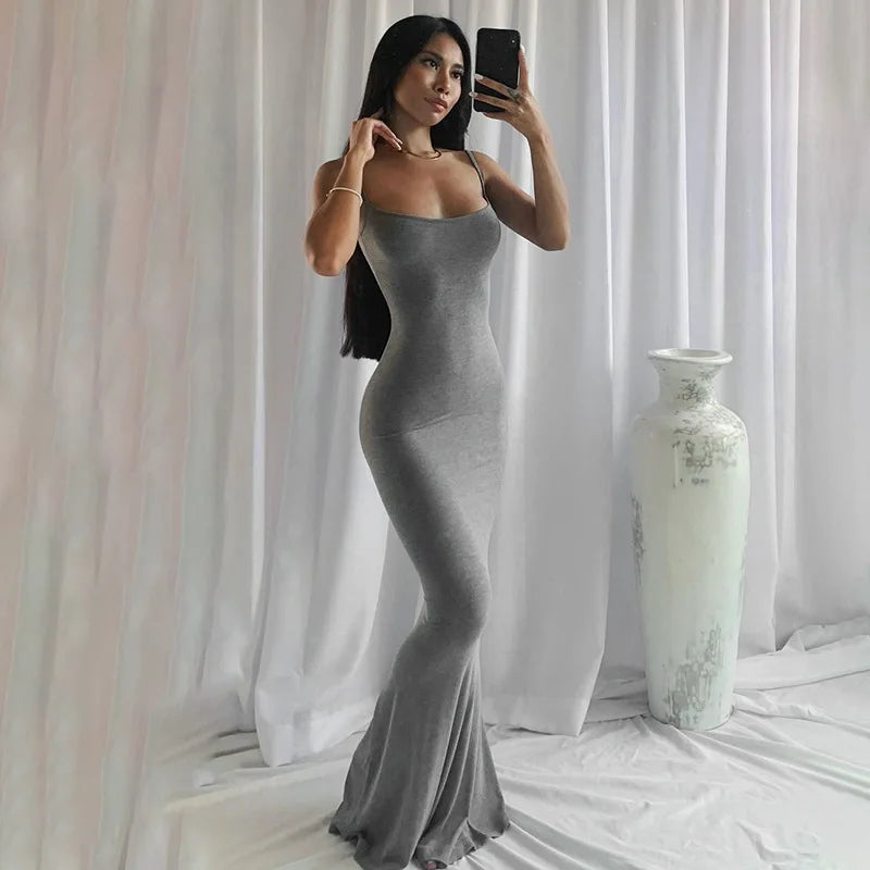 Sexy Spaghetti Strap Black Maxi Dress - Y2K Sleeveless Bodycon Evening Dress