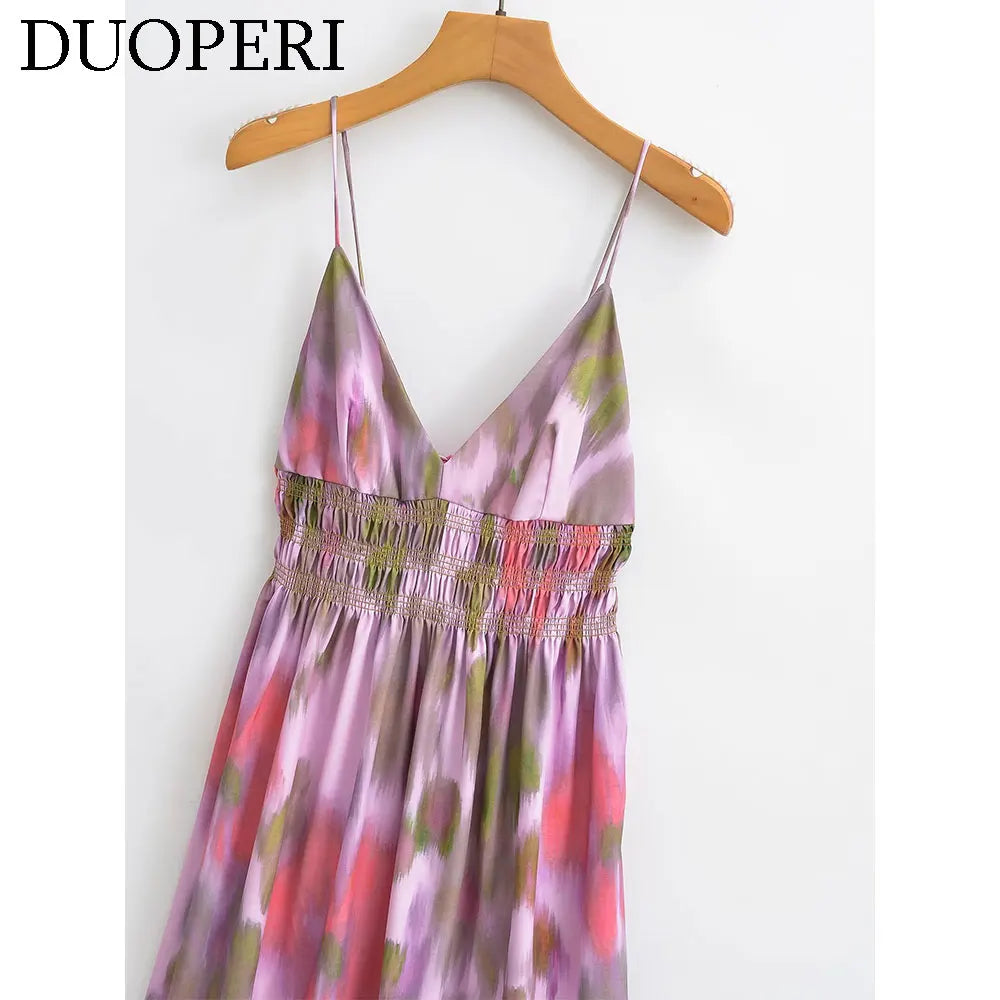 DUOPERI Printed V-Neck Backless Midi Dress - Casual Long Dress