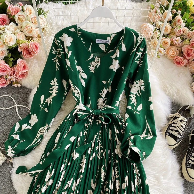 Women's Vintage Floral Print Long Dress - Elegant Spring & Autumn Party Robe
