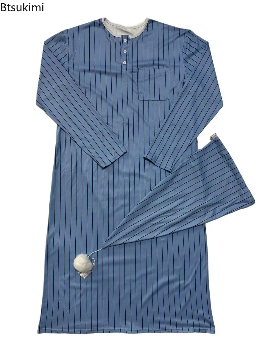 2025 Autumn Men's Nightgown Male Long Robe Solid Thin Loose Plus Size Long Sleeve One-Piece Pajamas for Men Bathrobe Homewear