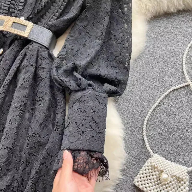 OCEANLOVE Lace Hollow Out Dress - Elegant Black Long Korean Style