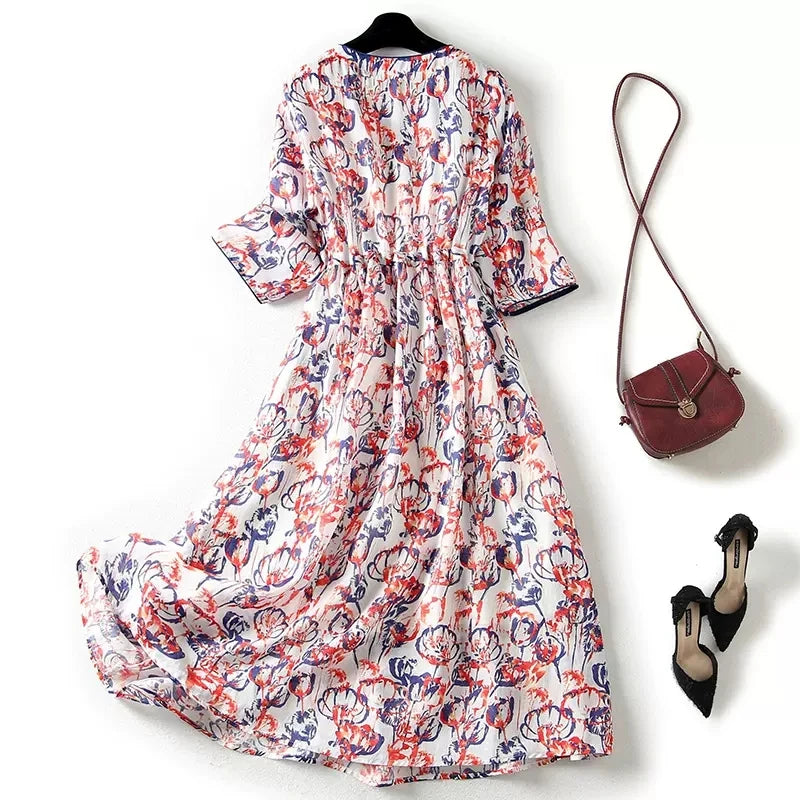 Vintage V-Neck Half Sleeve Long Dress - Drawstring Pockets Women's Dress