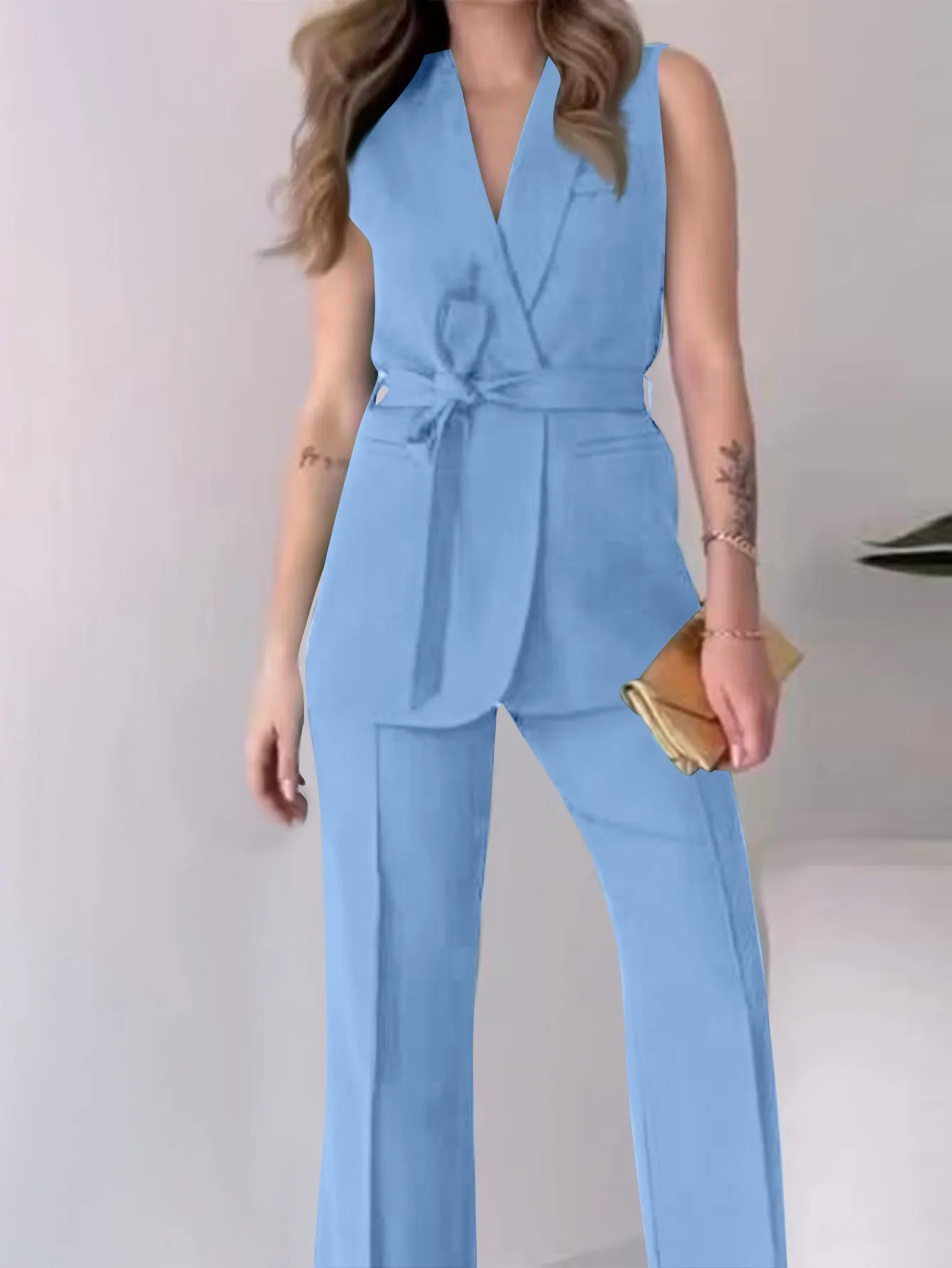 Elegant Solid Color 2-Piece Suit - Sleeveless Top with Long Pants