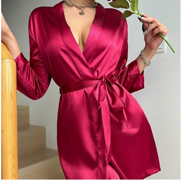 Women's Solid Satin Night Robe - V-Neck Half Sleeve Sleepwear with Belt