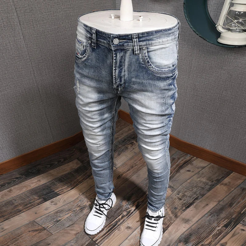 Retro Light Blue Slim Fit Ripped Jeans - Vintage Casual Men's Trousers