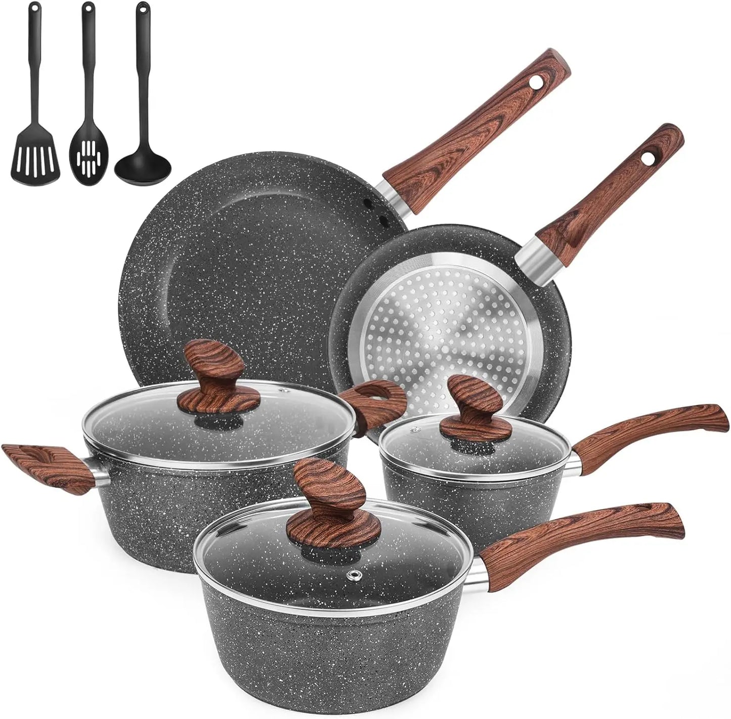 11 PCS Ceramic Pots & Pans Set with Glass Covers, Non-stick Cookware with lids, Pre-installed, Heat resistant