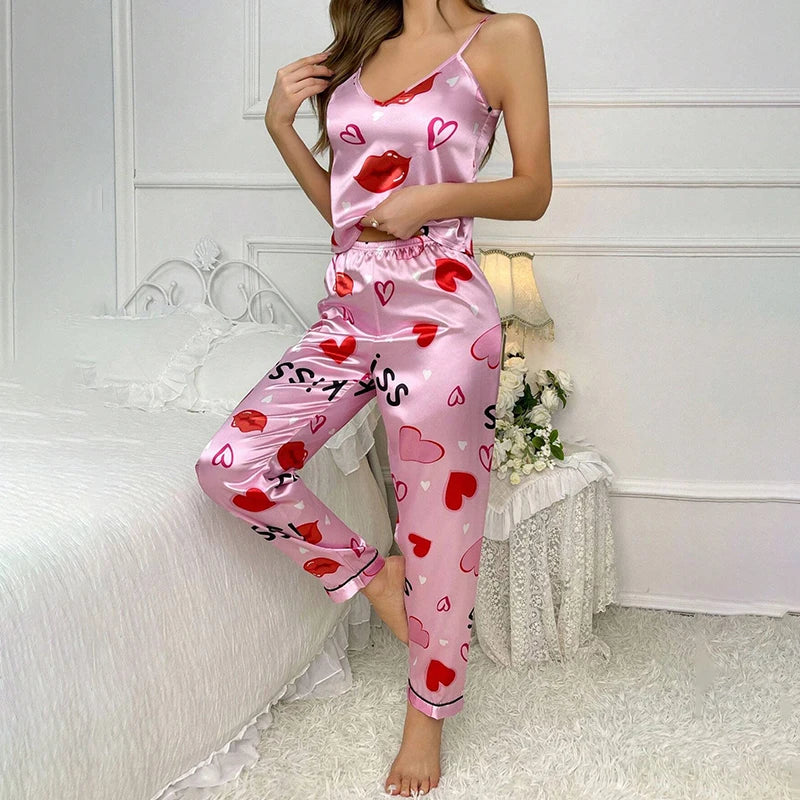 Women's Summer Satin Pajama Set - V-Neck Cami & Elastic Pants