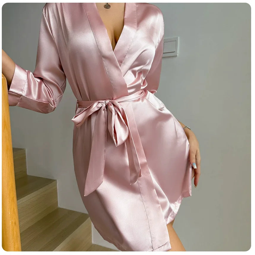 Women's Solid Satin Night Robe - V-Neck Half Sleeve Sleepwear with Belt