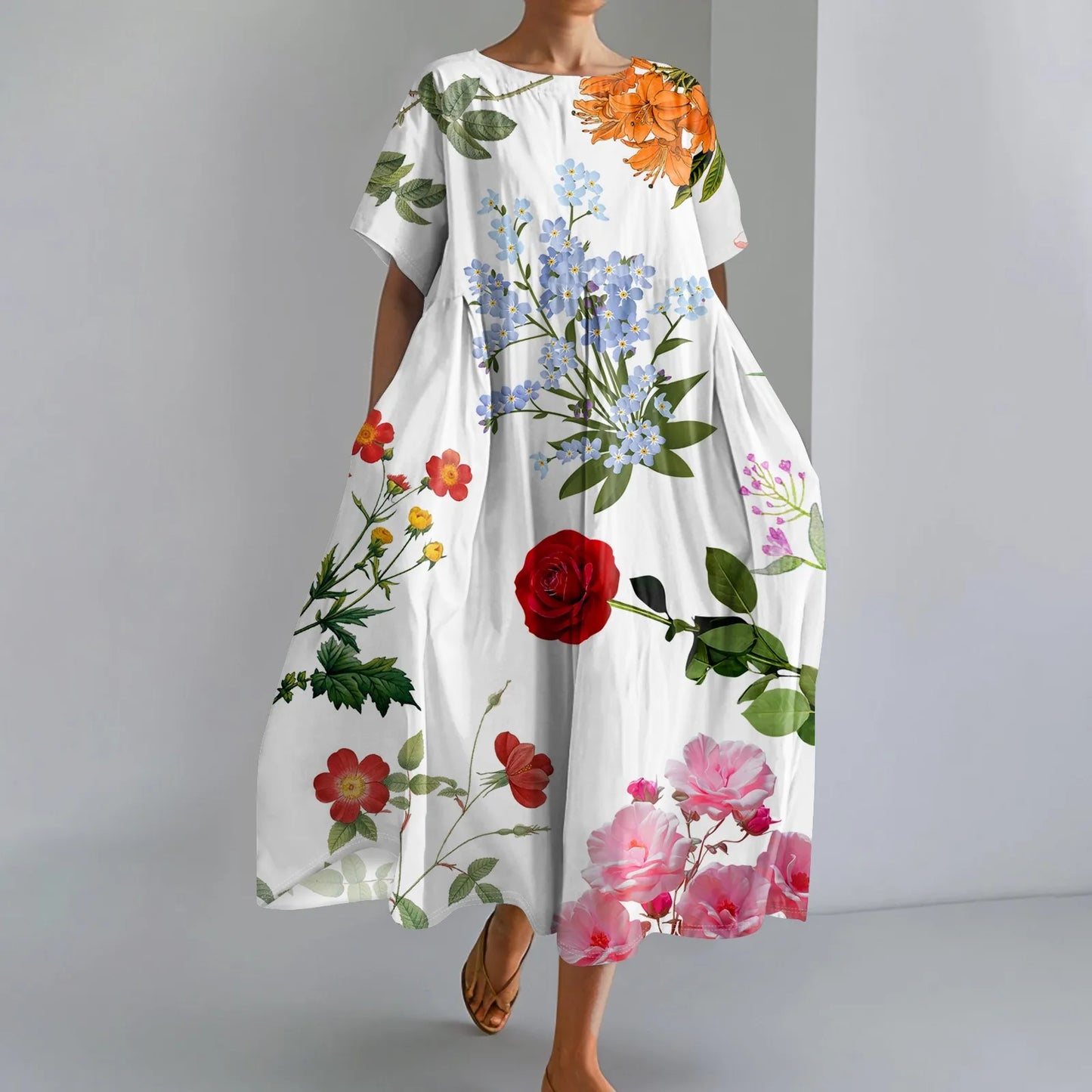 Ladies' Floral Print Maxi Dress - Round Neck Short Sleeve Beach Skirt