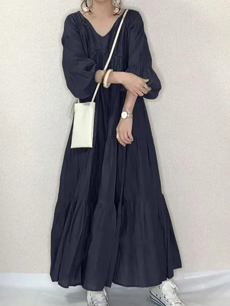 ZANZEA Women Autumn Long Dress - V-Neck Puff Sleeve Maxi Dress