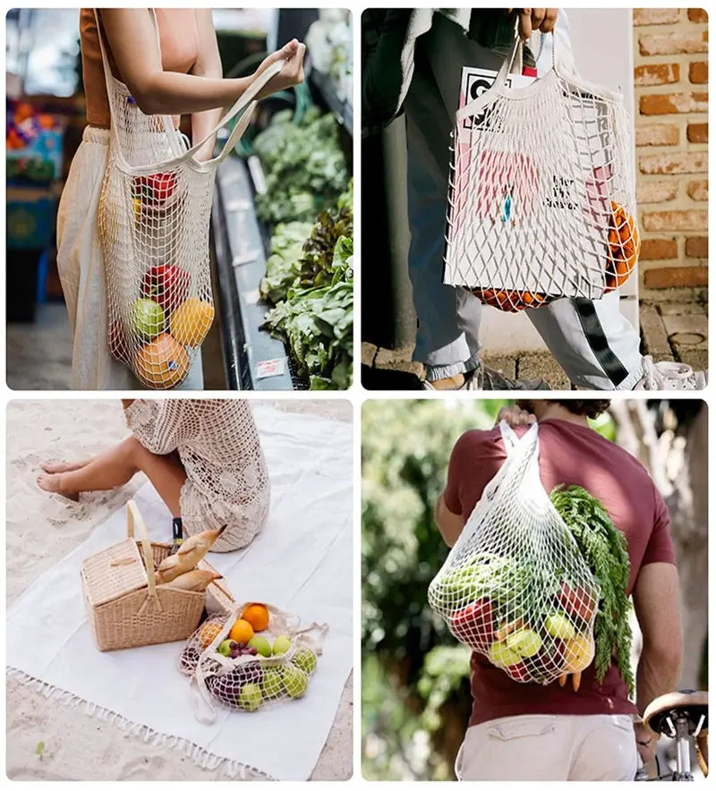 Portable Reusable Grocery Bags - Cotton Mesh String Shopping Tote