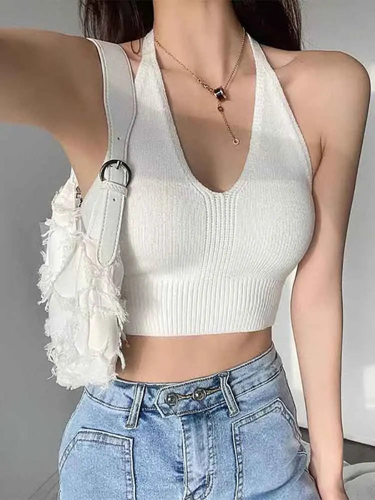 Women's Summer Cross Halter Knitted Tops - V-Neck Sexy Camisole Crop Tops