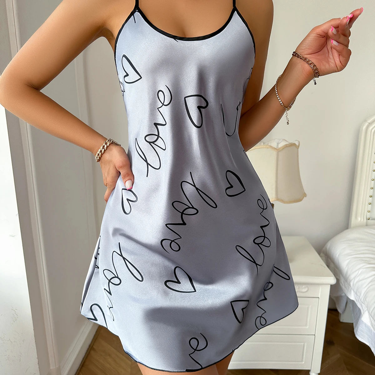 Heart Letter Print Nightdress - Round Neck Spaghetti Strap Sleep Dress