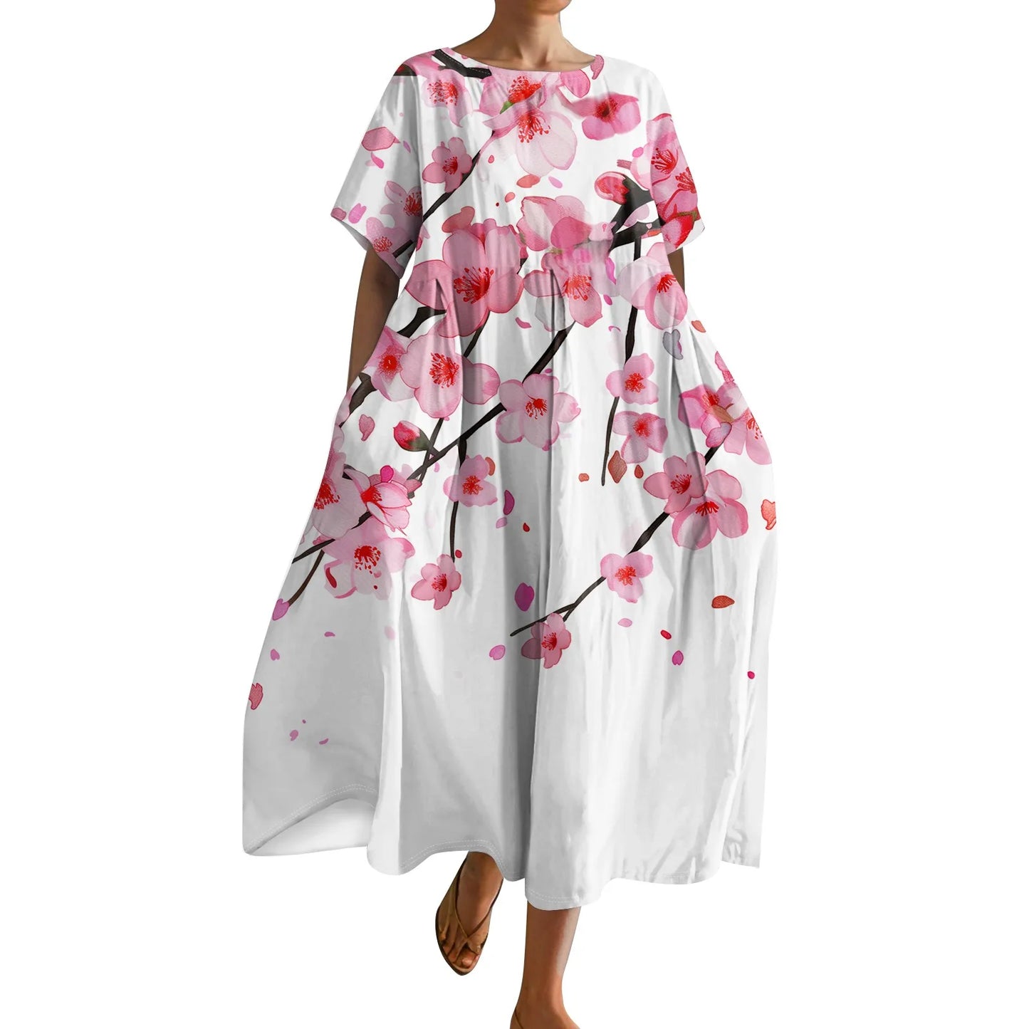 Ladies' Floral Print Maxi Dress - Round Neck Short Sleeve Beach Skirt
