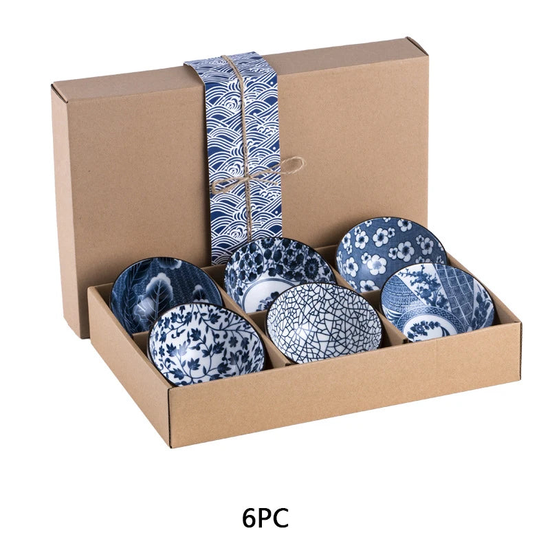 Minimalist Blue Ceramic Dinner Bowl, (300ml) Authentic Flowered Pottery Set, Available in 2/4/6 PCS Set