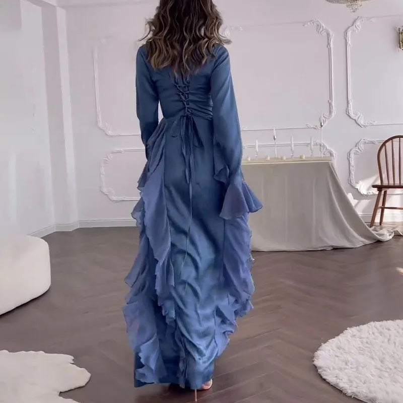 Spring Elegant O-Neck Long Dress - Backless Lace-Up Maxi Dress