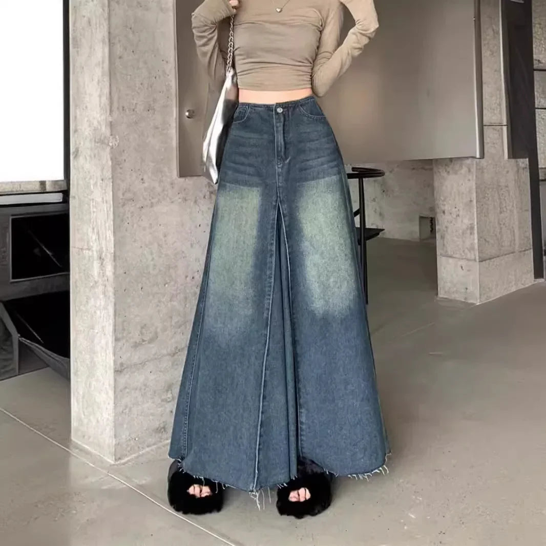 Vintage Washing Denim Skirt - High-Waisted A-Line Long Dress