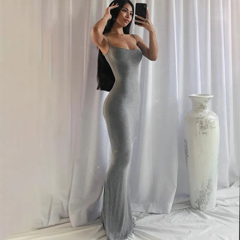Sexy Spaghetti Strap Black Maxi Dress - Y2K Sleeveless Bodycon Evening Dress