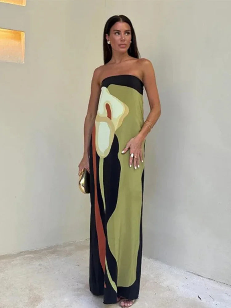Summer Flower Strapless Long Dress - Elegant Floral Maxi Dress