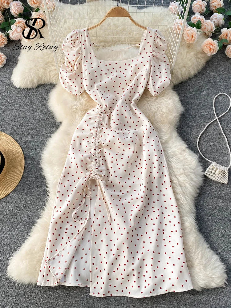 SINGREINY Square Collar Polka Dot Beach Dress - Sweet Chiffon Long Dress