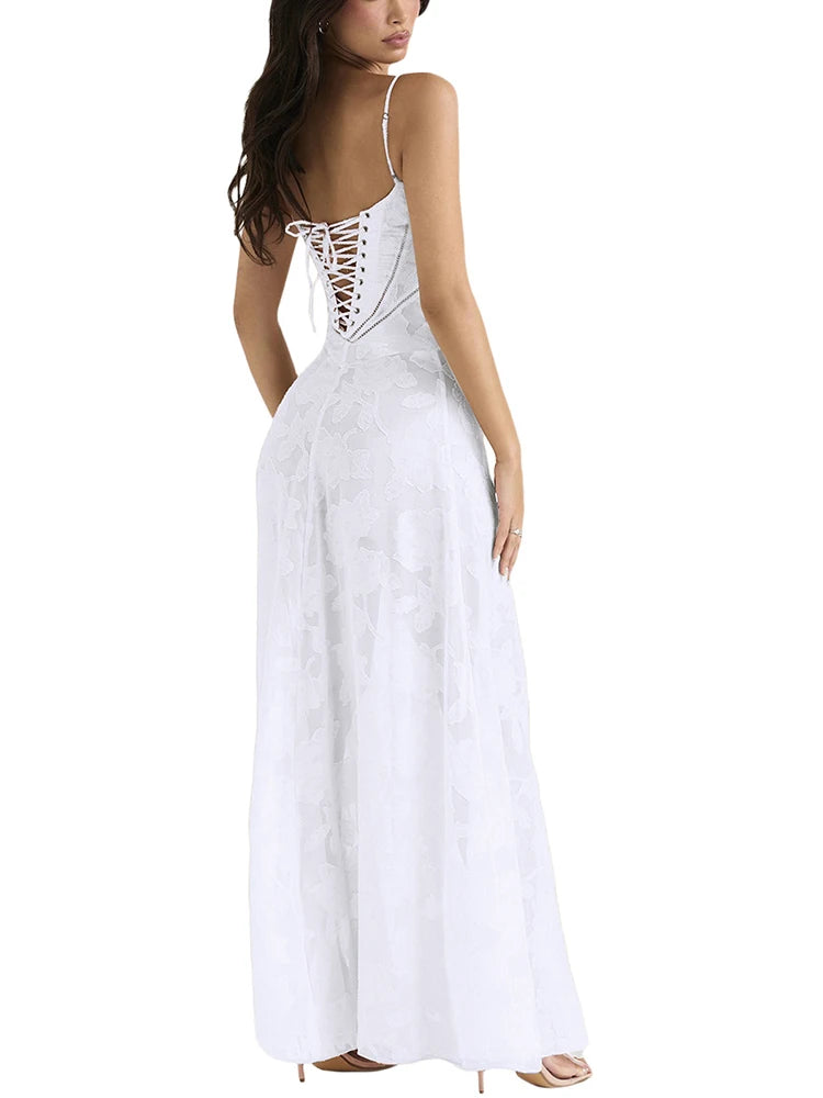 Women's Sheer Lace Boho Maxi Dress - Sleeveless Spaghetti Strap Party Dress