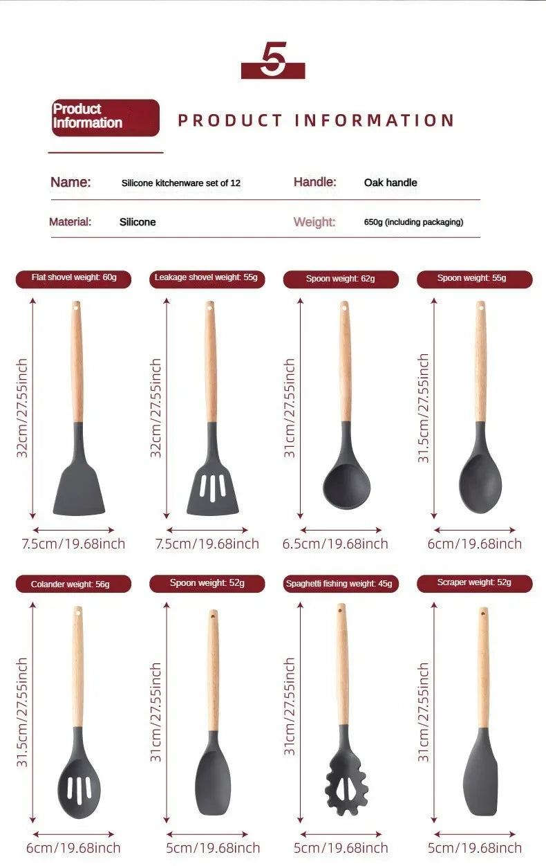 12Set of Wooden Handle Silicone Kitchen Tools Non-Stick Pan Cooking set