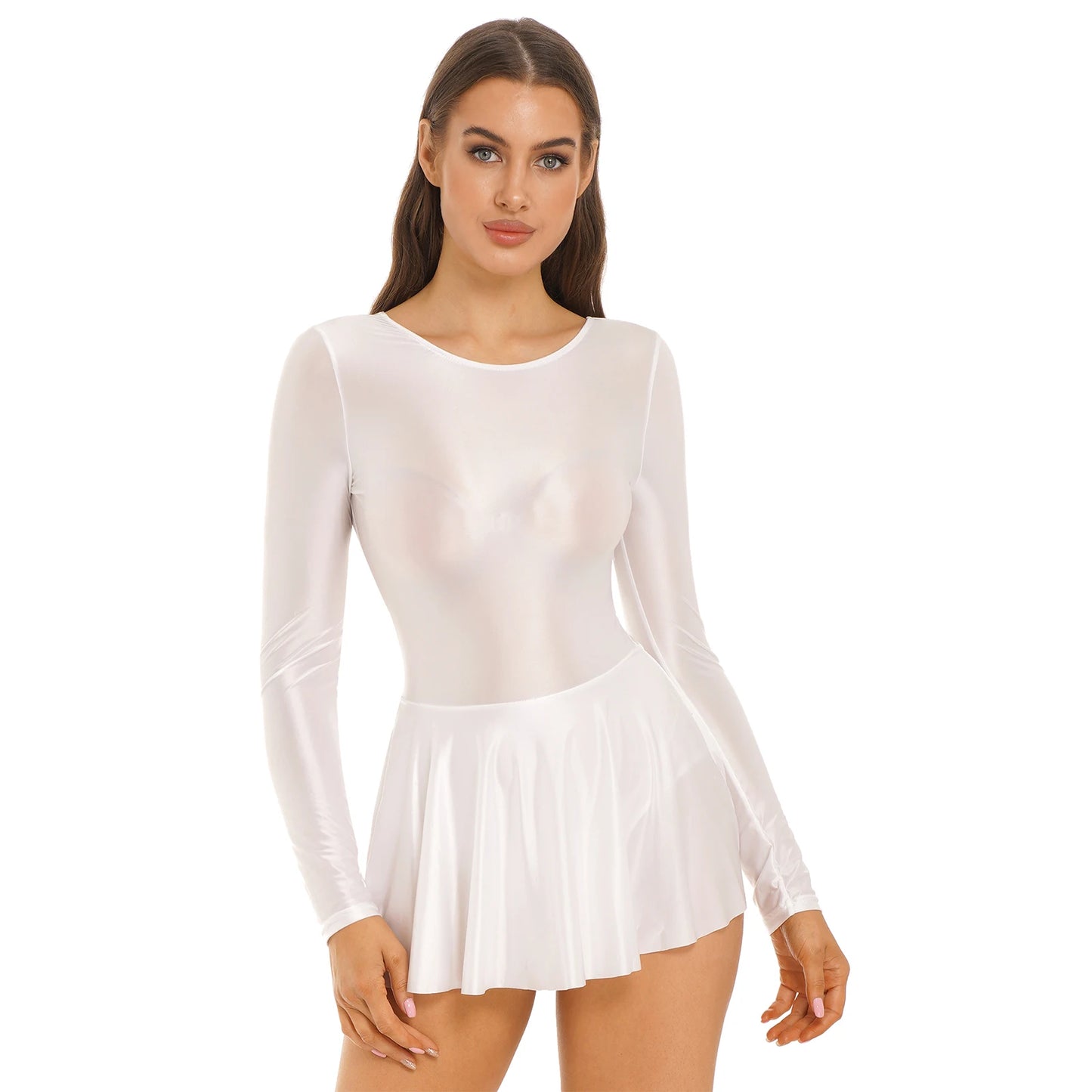 Women's Solid Color Long Sleeve Ruffled Dress - Round Neck