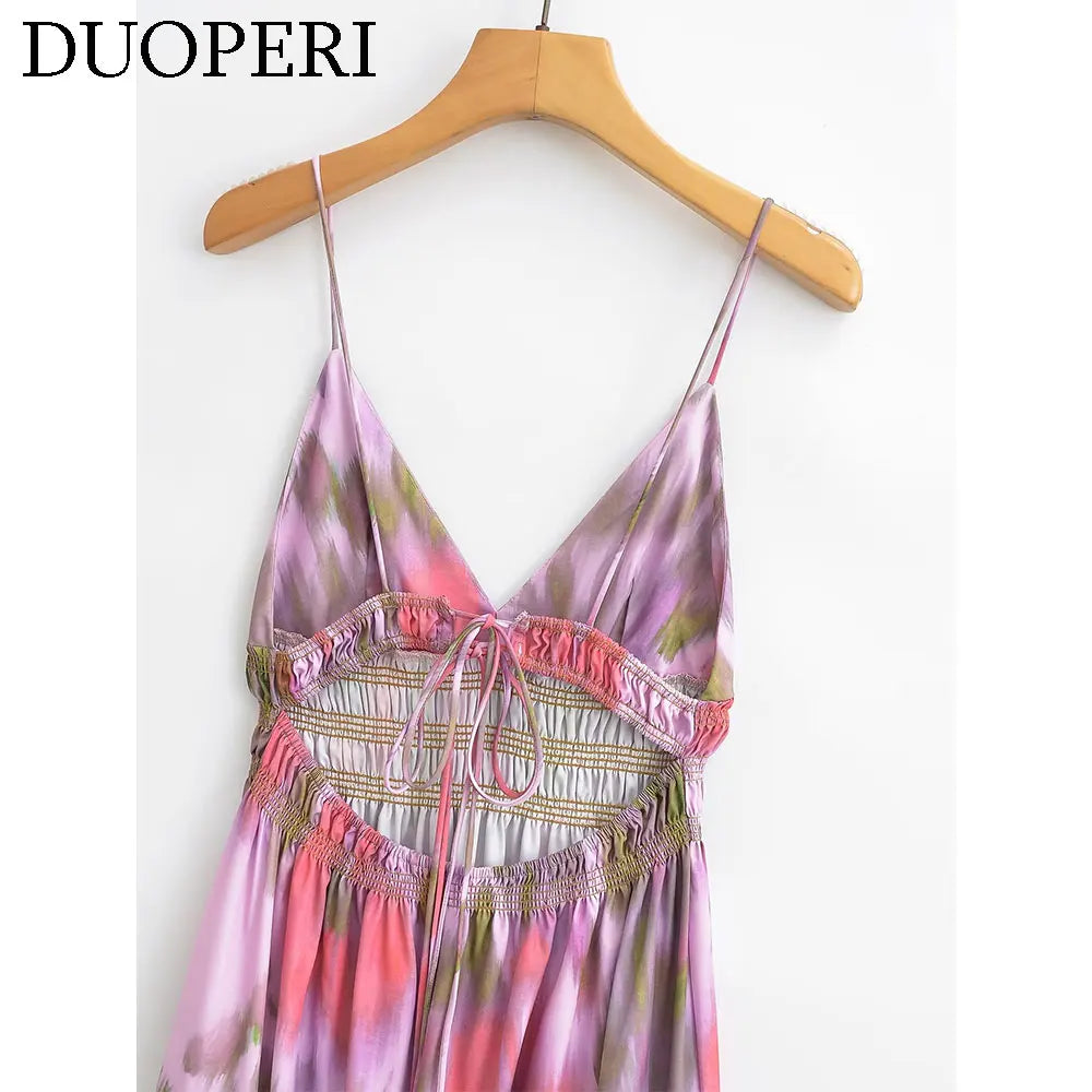 DUOPERI Printed V-Neck Backless Midi Dress - Casual Long Dress