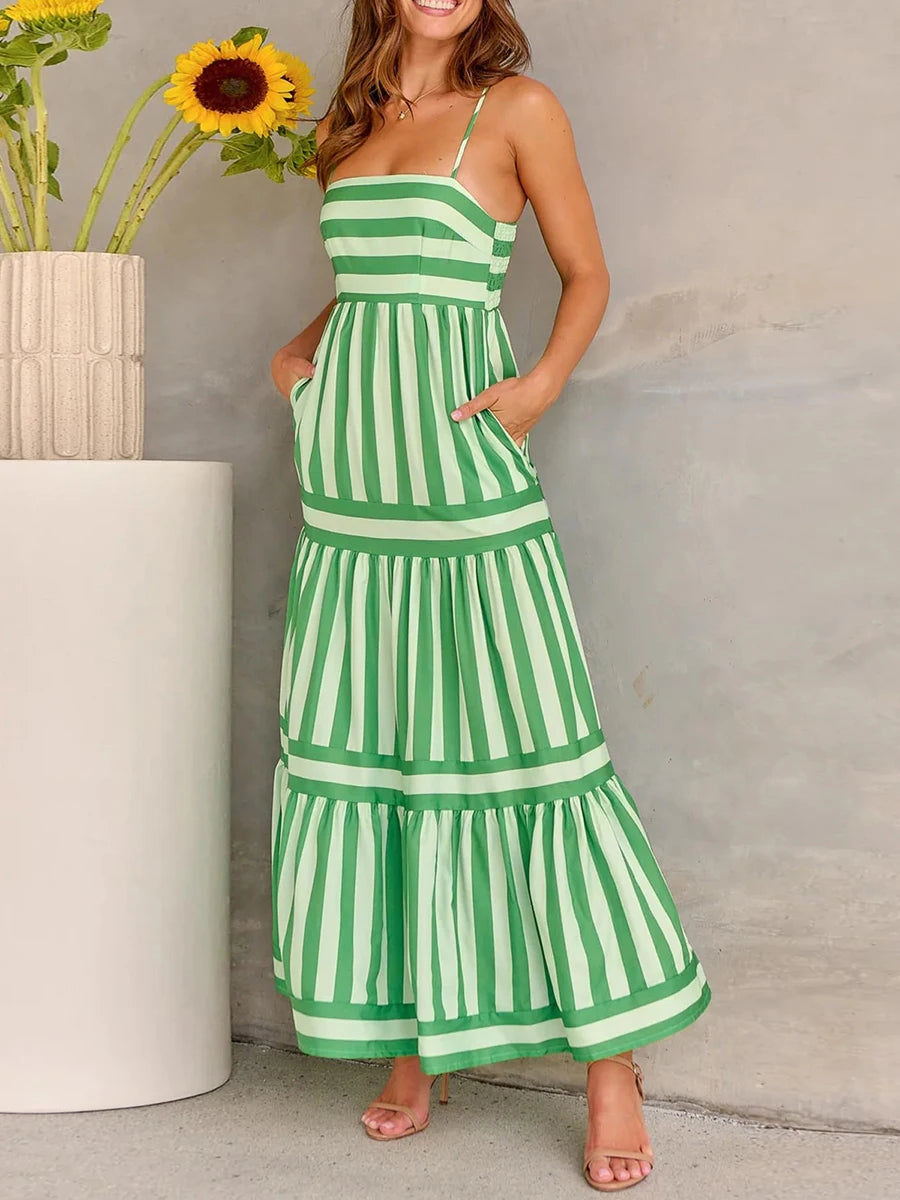 Stripe Printed Spaghetti Strap Beach Dress