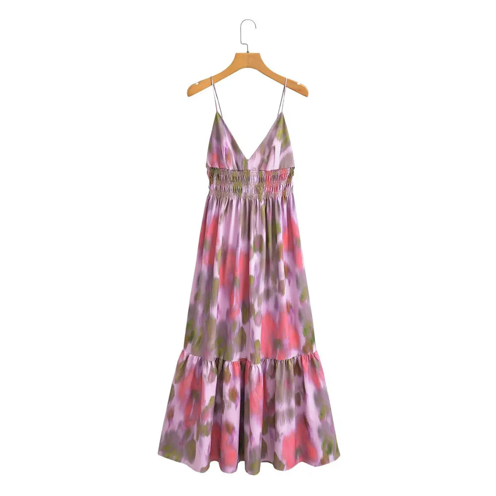 DUOPERI Printed V-Neck Backless Midi Dress - Casual Long Dress