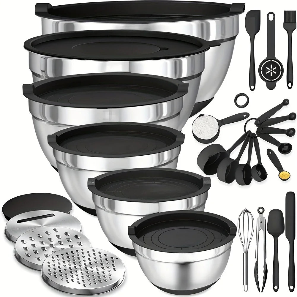 17pcs Stainless Steel Mixing Bowl Set with Lids & Grater