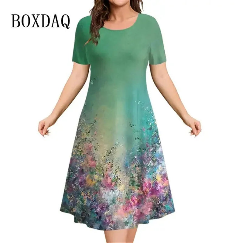 Women’s Dresses 3D Flowers Pattern Short Sleeve Clothing
