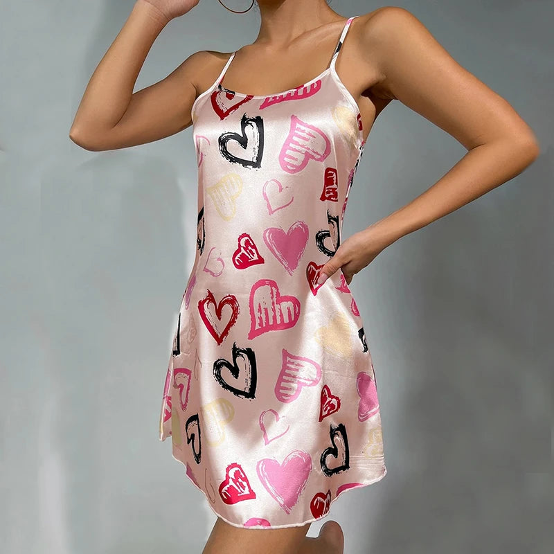 Satin Floral Print Nightdress - Women's Comfortable Sleepwear Dress
