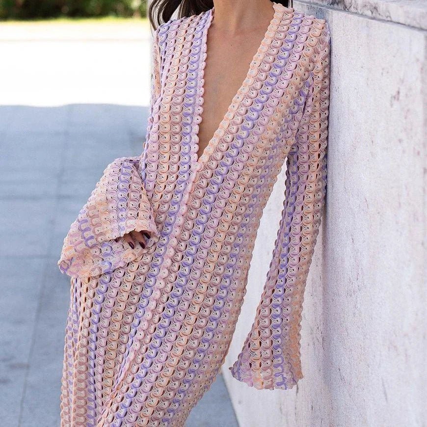 Sexy Rainbow Deep V Neck Split Long Dress - Y2K Knitted Party Dress