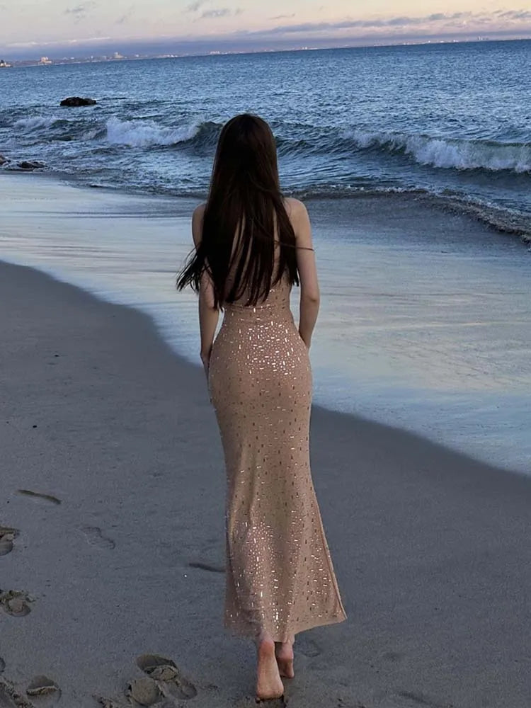 Sexy Mesh Rhinestone Bodycon Dress - Sleeveless Long Dress