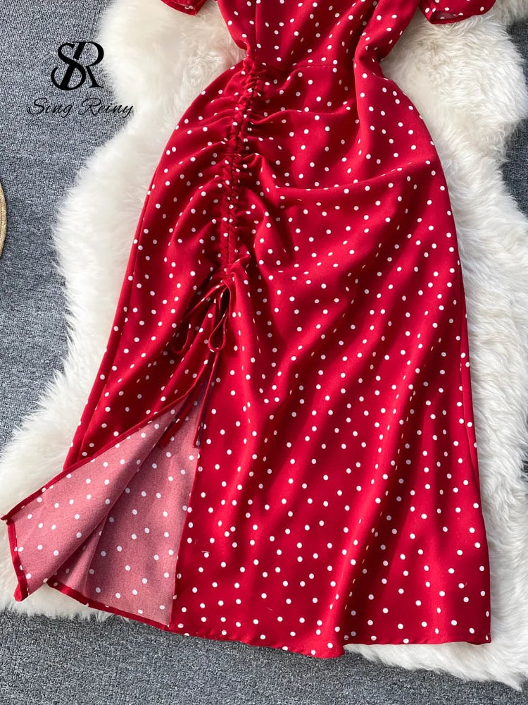 SINGREINY Square Collar Polka Dot Beach Dress - Sweet Chiffon Long Dress