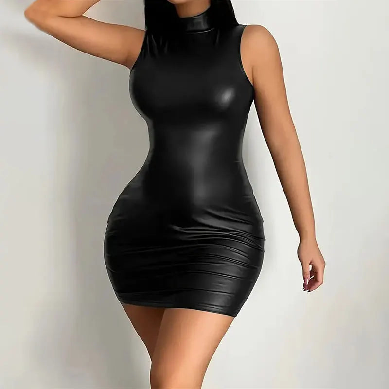 Sexy Sleeveless PU Leather Bodycon Mini Dress
