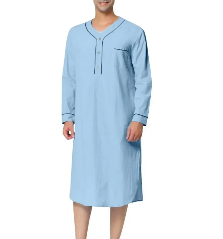 New 2025 Men Jubba Thobe Solid Color Pajamas Fashion Solid Loose Muslim Robe Long-sleeved Nightgown Bathrobes Mens Muslim Kaftan