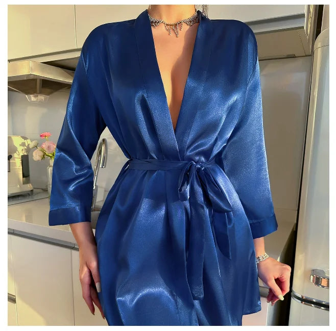 Women's Solid Satin Night Robe - V-Neck Half Sleeve Sleepwear with Belt