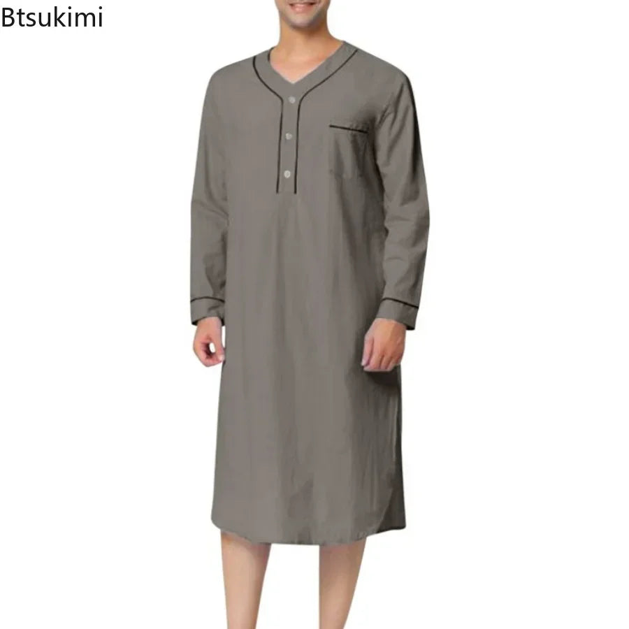 New 2025 Men Jubba Thobe Solid Color Pajamas Fashion Solid Loose Muslim Robe Long-sleeved Nightgown Bathrobes Mens Muslim Kaftan