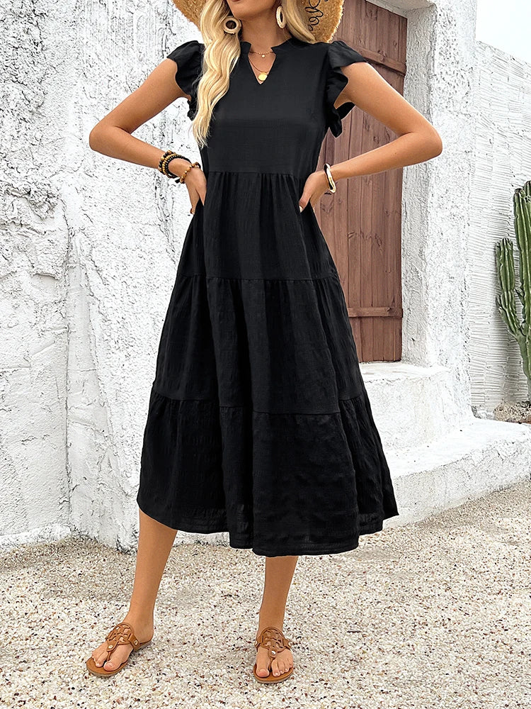 Women's Summer Retro V-Neck Long Dress - Elegant Maxi Dress