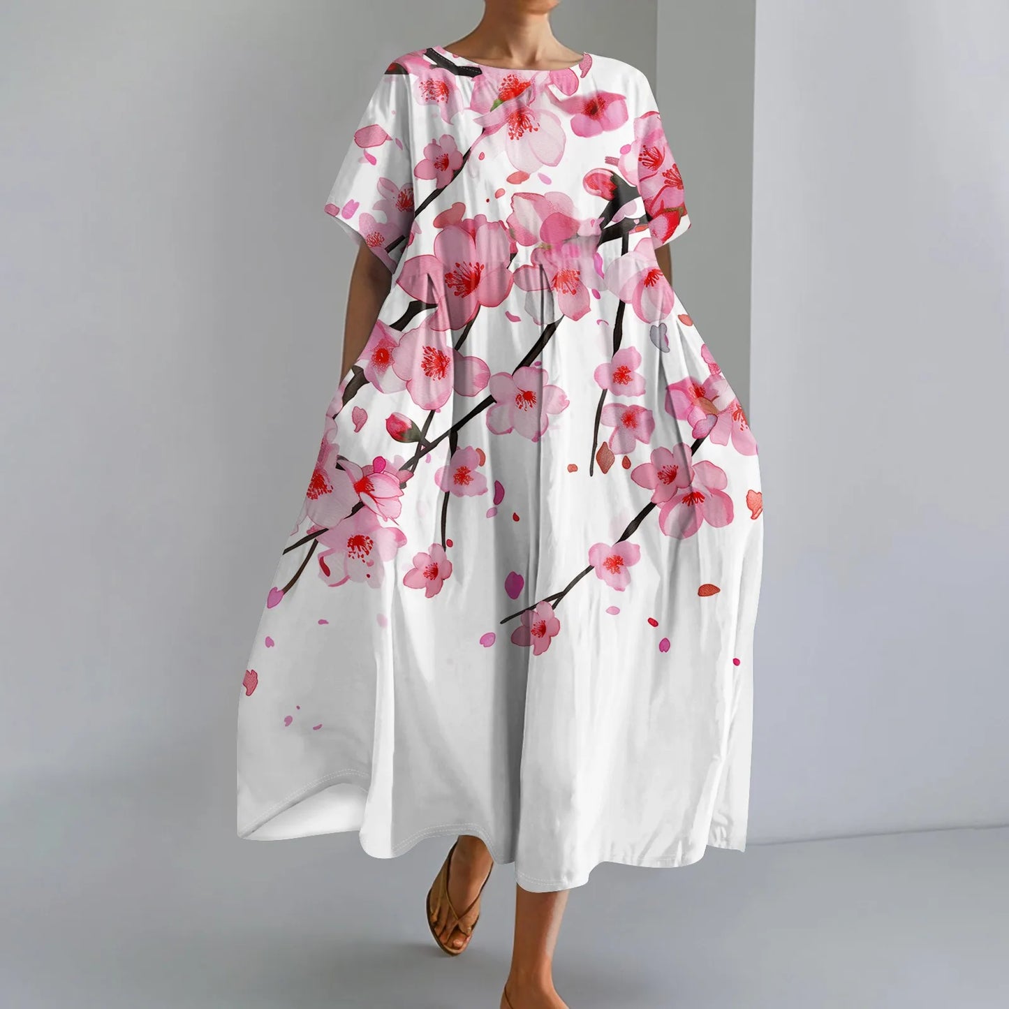 Ladies' Floral Print Maxi Dress - Round Neck Short Sleeve Beach Skirt