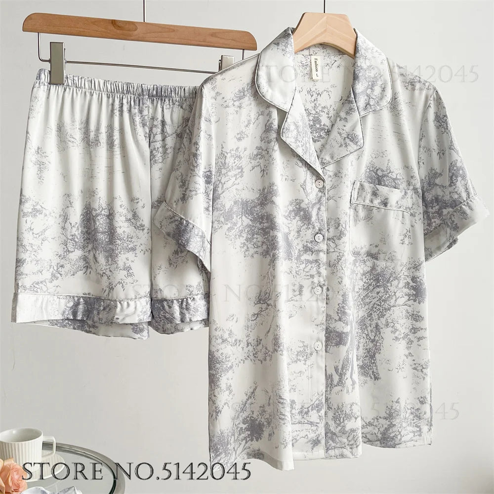 Fashion Print Flower 2PCS Pajamas Set - Women's Spring Summer Lounge Wear