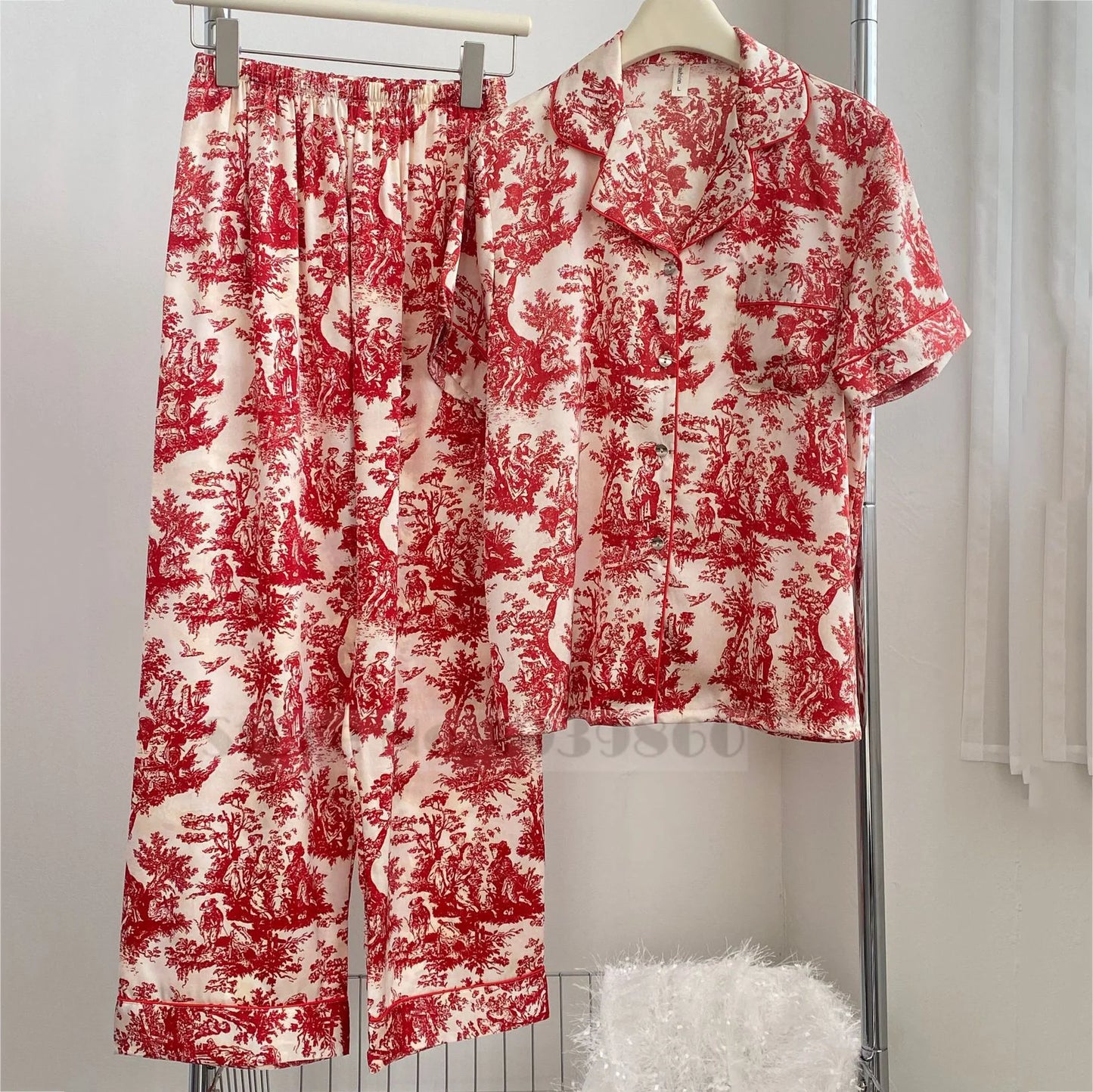 Fashion Print Flower 2PCS Pajamas Set - Women's Spring Summer Lounge Wear